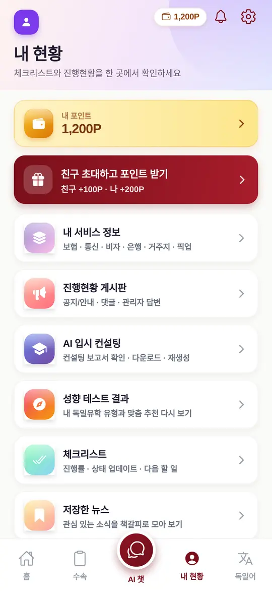 내 현황 화면 — 진행현황 게시판, 내 서비스 정보, 체크리스트
